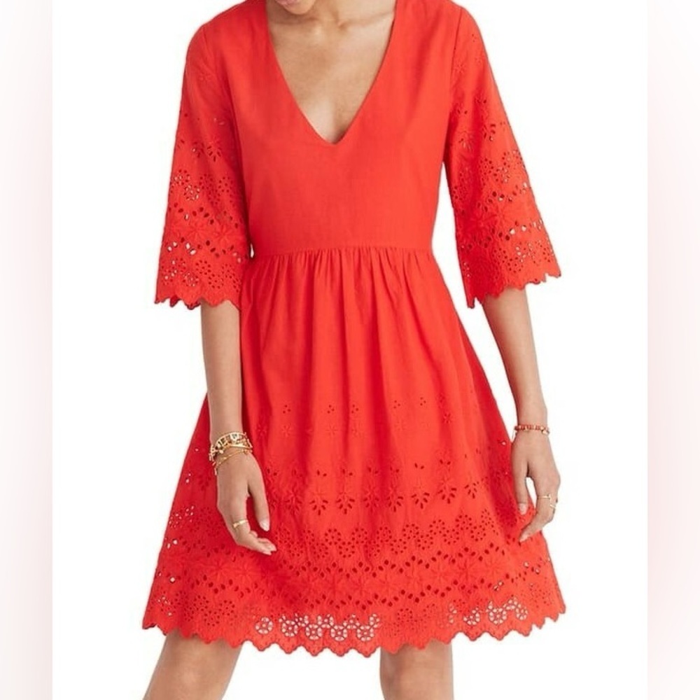 Madewell Women's Eyelet Lattice Dress V-Neck Poppy 6